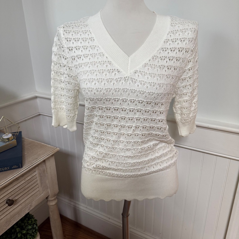 NWT Grace Karin Womens White Pointelle Knit‎ V-Neck Short Sleeve Sweater Top S